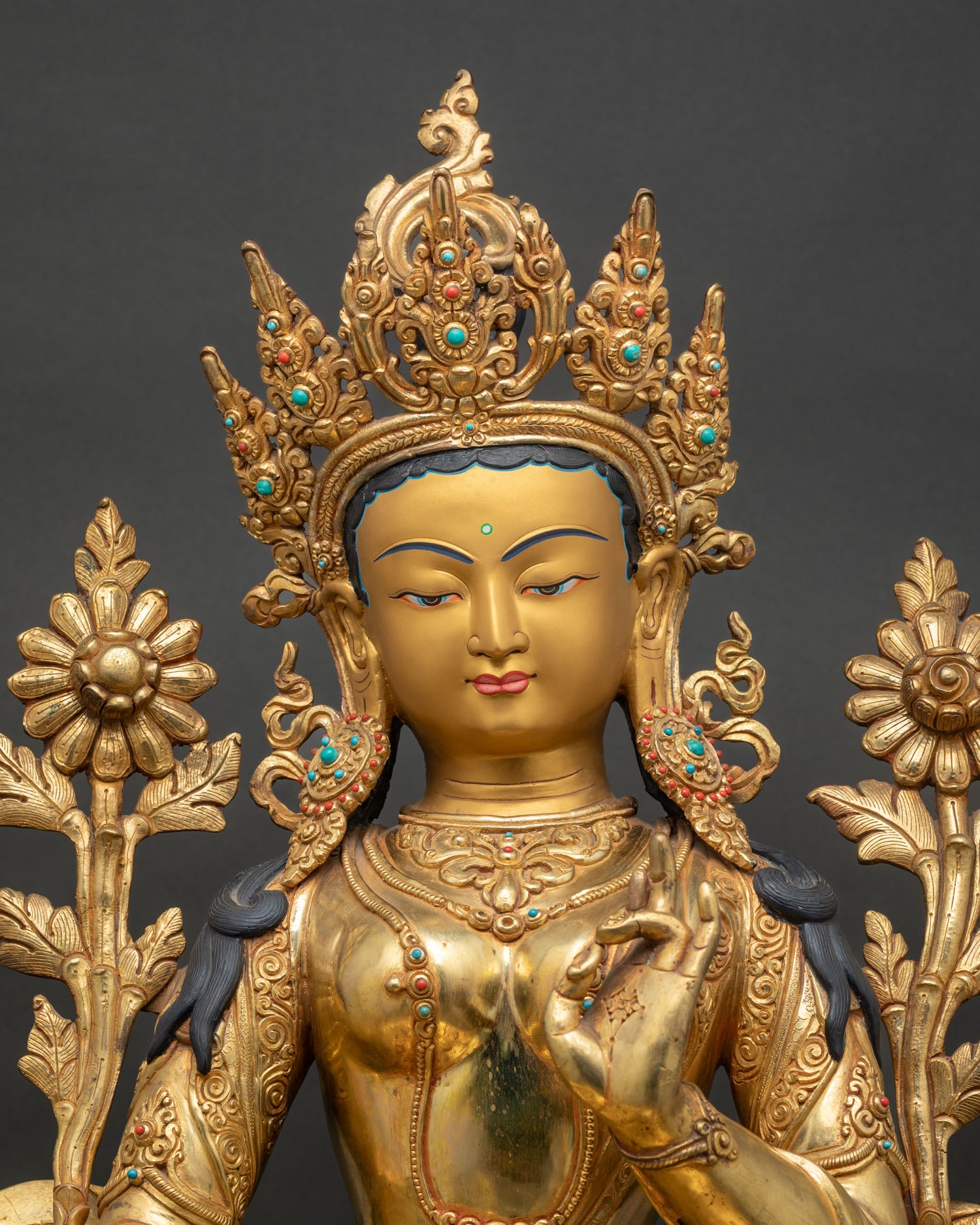 Green Tara Copper Statue Close-Up Gold Fire Gilded Newari Craftsmanship Nepal Buddhist