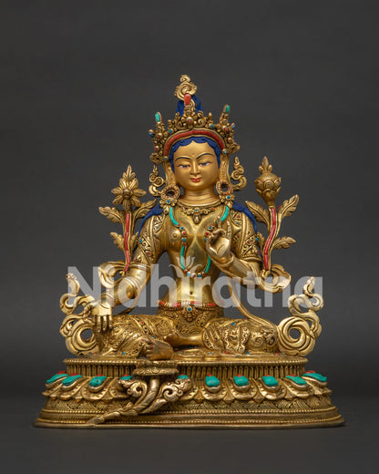 Green Tara Copper Statue from Nepal with 24K Gold-Gilded Finish and Lotus Pedestal Front View