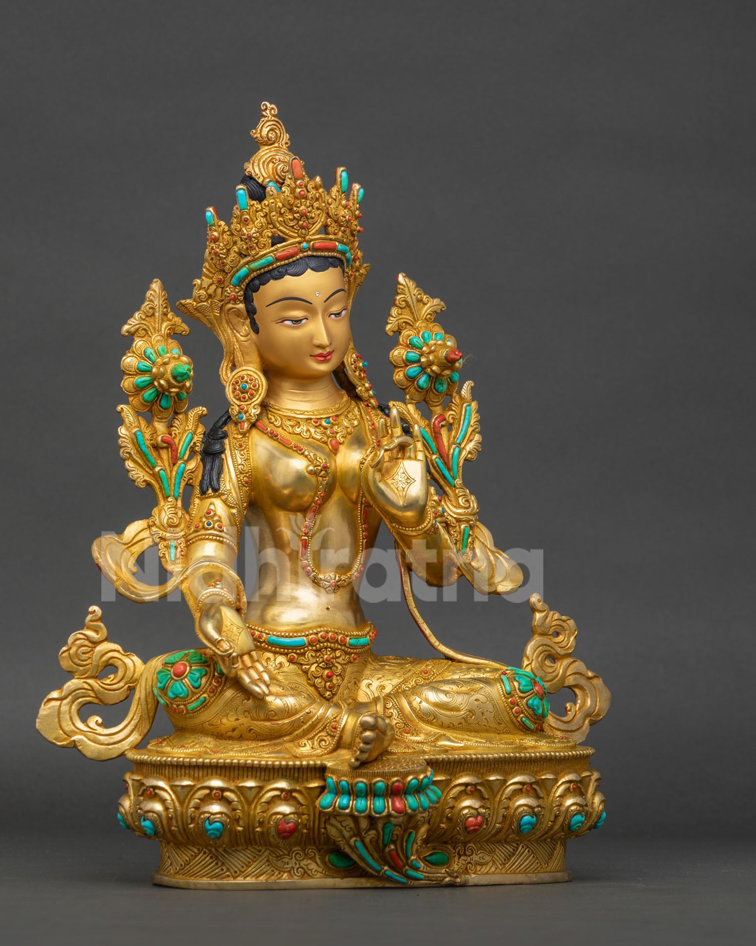Right side view of Green Tara copper statue Myanmar with gold fire-gilding finish