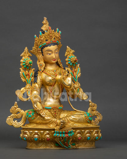 Right side view of Green Tara copper statue Myanmar with gold fire-gilding finish