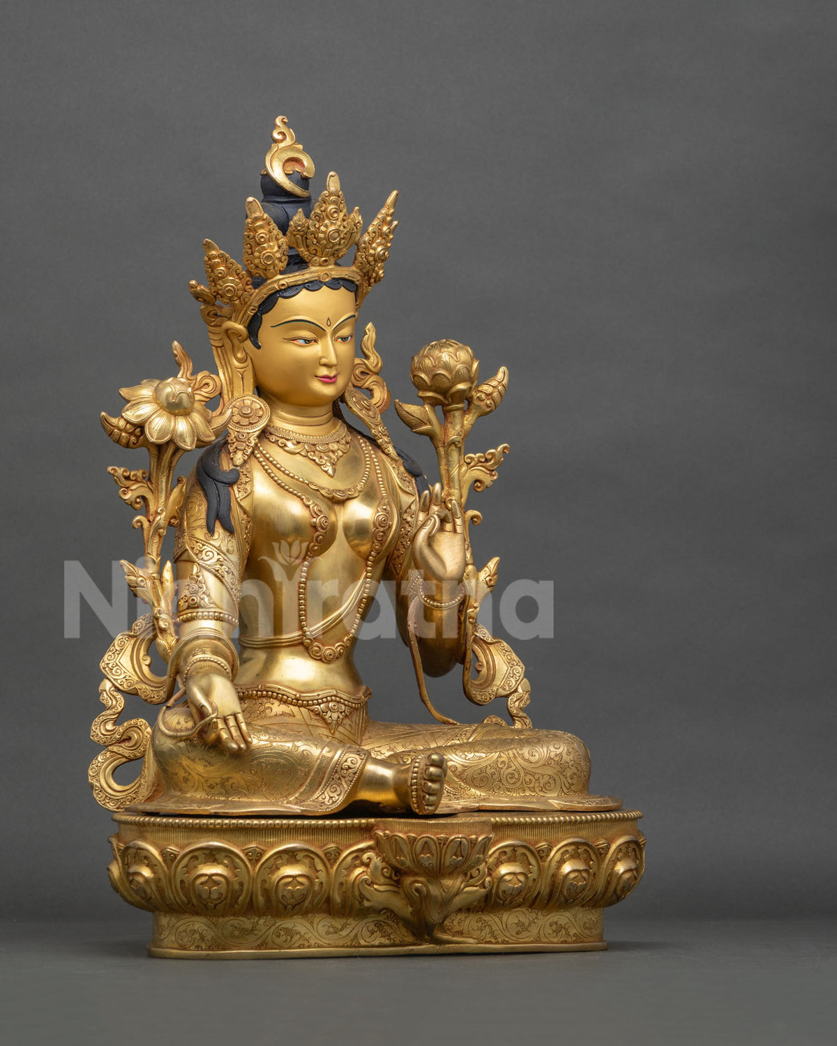Green Tara Copper Statue Right Side View, Handcarved Nepal Sculpture