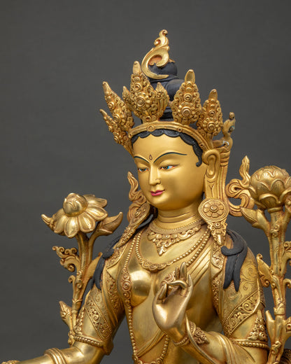 Green Tara Copper Statue Side Close Up, Handcarved Details Nepal