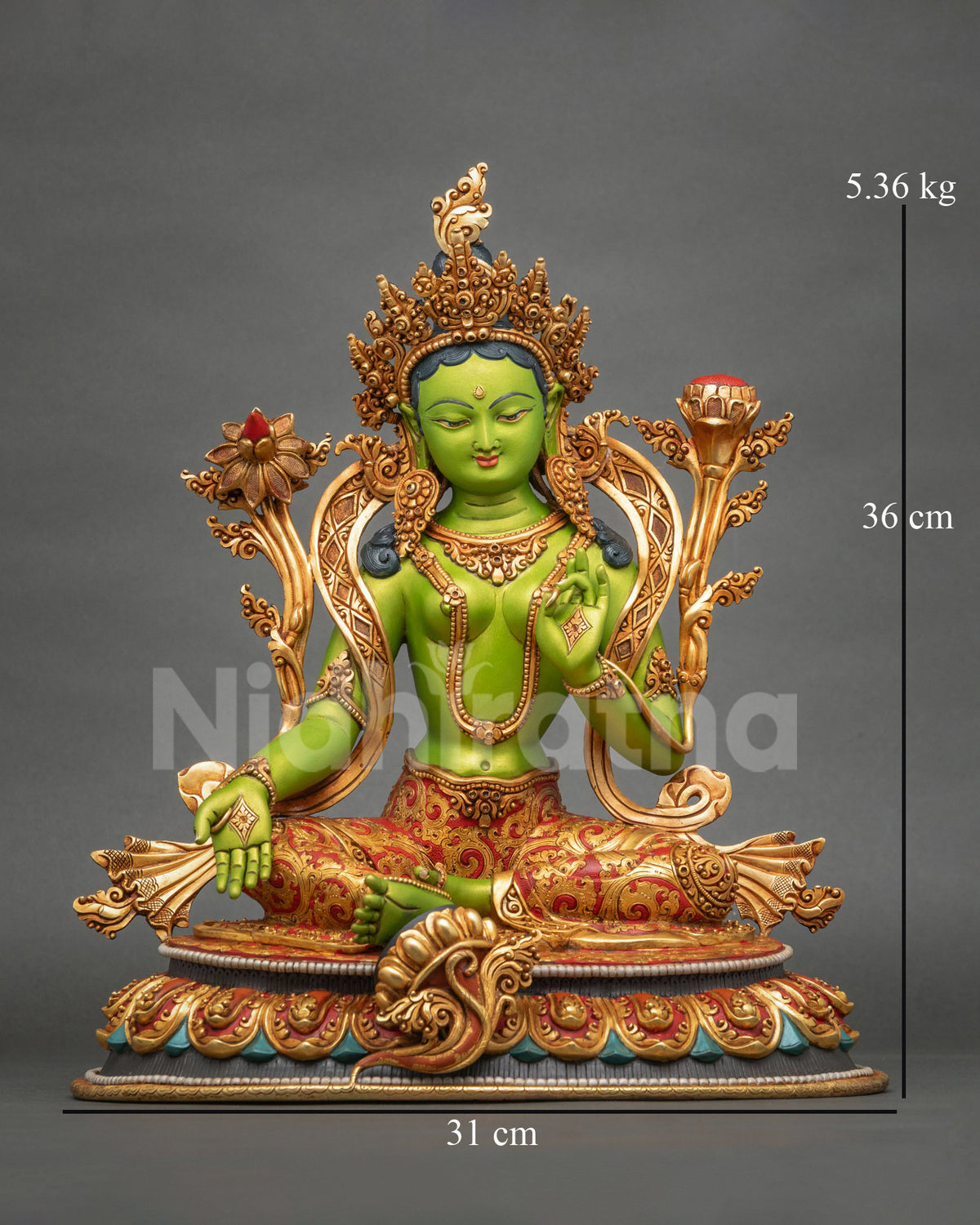 Green Tara copper statue with measurements, full front view of Nepalese Buddhist sculpture