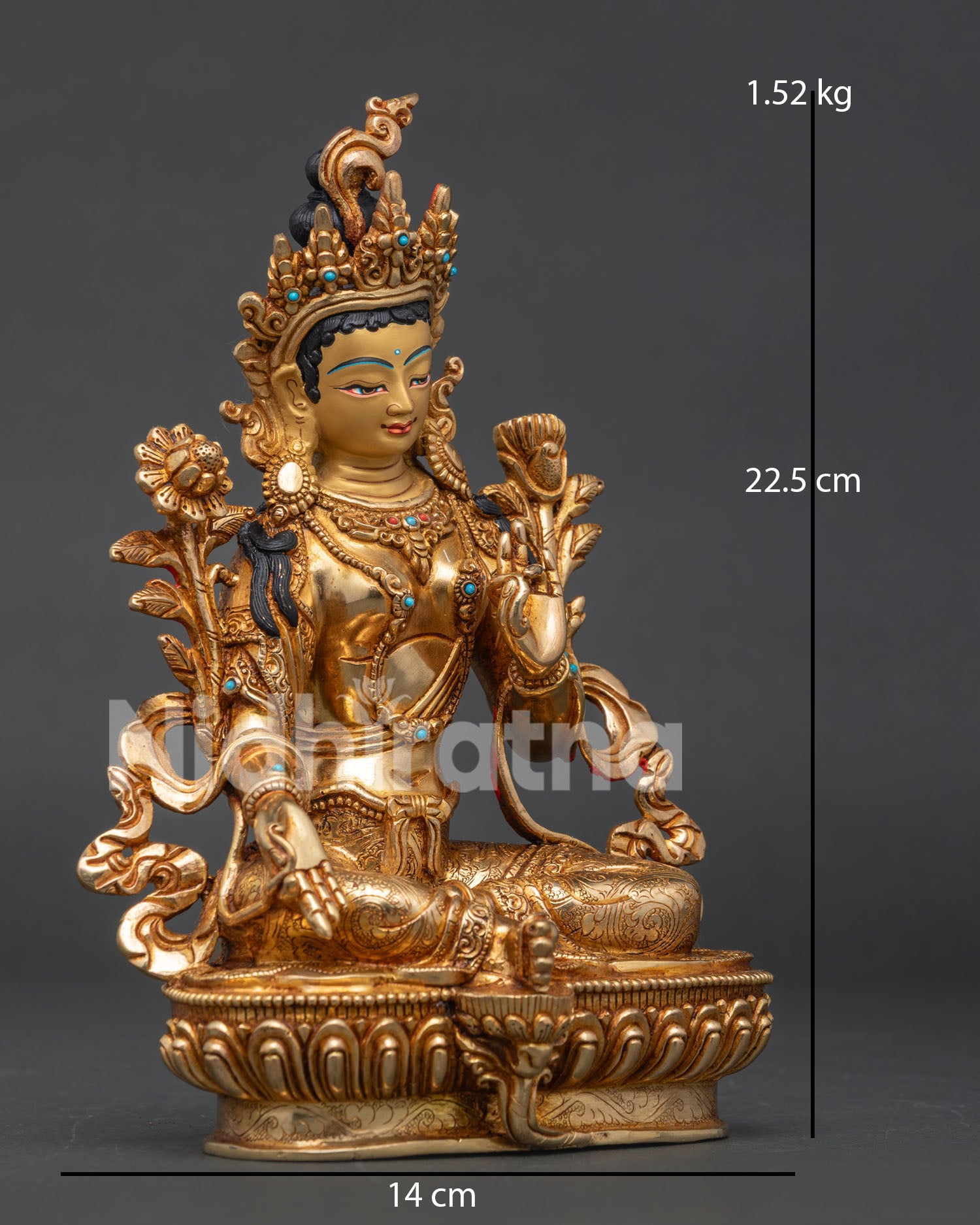 Green Tara copper statue with semi precious stones and intricate Newari craftsmanship