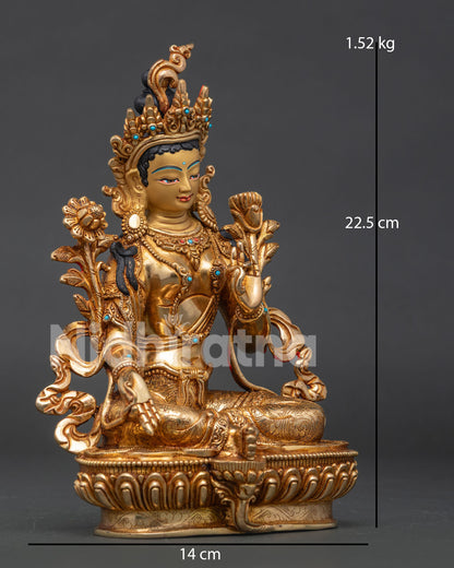 Green Tara copper statue with semi precious stones and intricate Newari craftsmanship