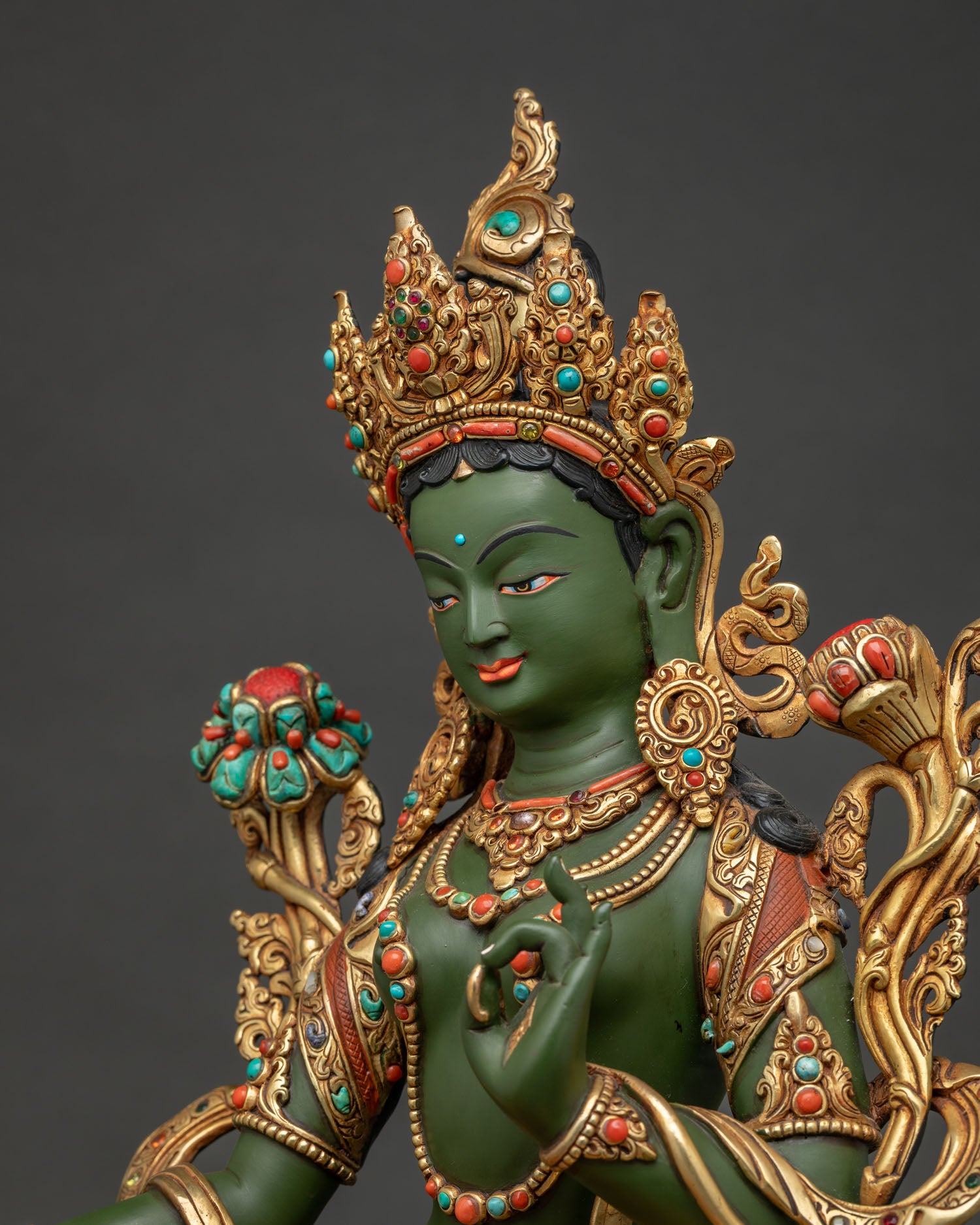 Green Tara crown and sacred ornaments with turquoise and coral stones