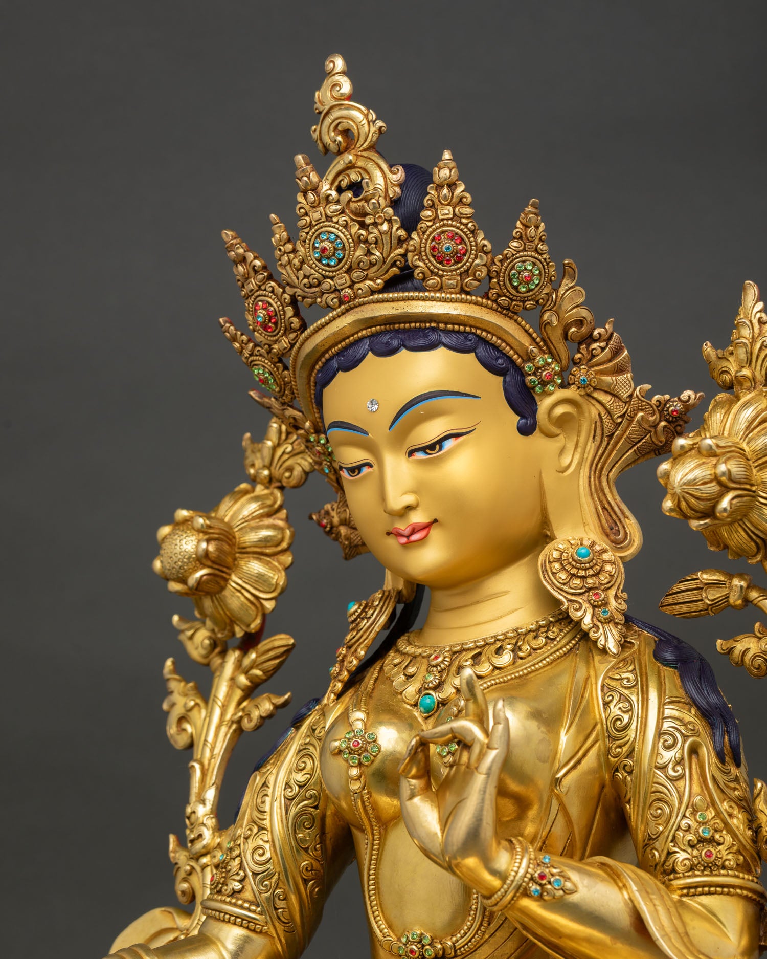 Green Tara Detailed Side Close Up Handcrafted Copper Engraving and Lotus Throne Details