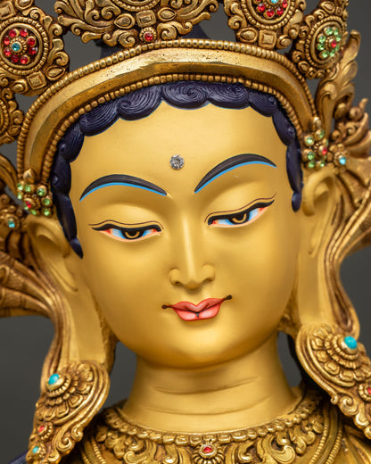 Green Tara Face Close Up Gold Painted Serene Expression Bodhisattva Compassion