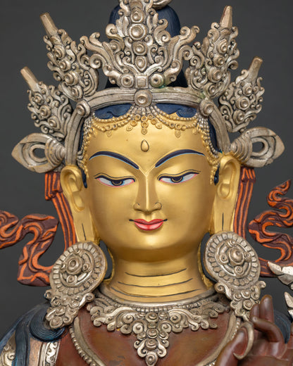 Green Tara face detail—24K gold-painted Buddhist statue with jeweled crown and ornate halo