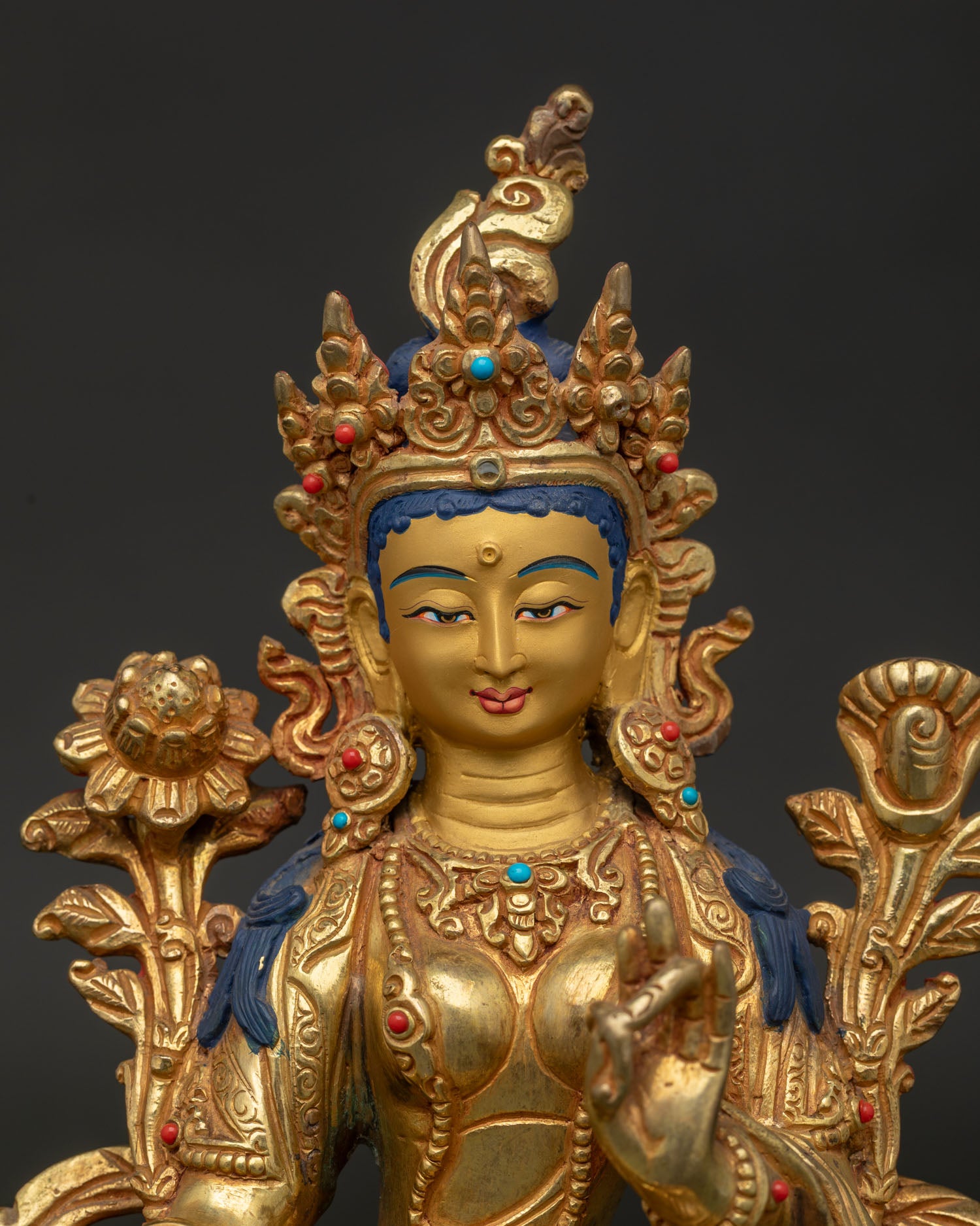 Green Tara Gold Painted Face with Coral and Turquoise Stones.