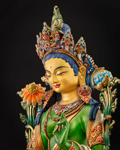 Green Tara hands in Varada and Abhaya Mudra bestowing blessings of generosity and protection