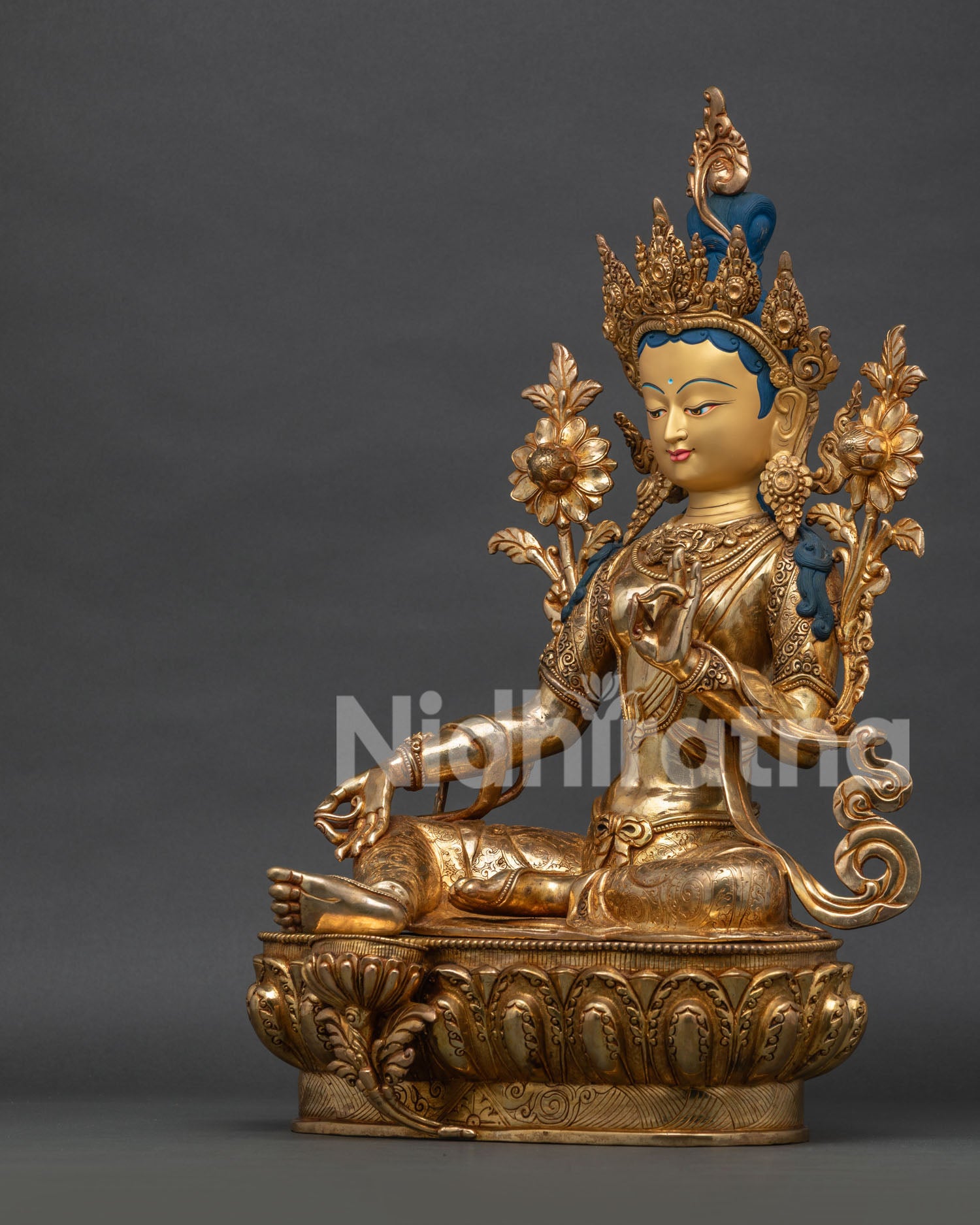 Green Tara left side view, Abhaya Mudra hand with hand-carved ceremonial robes and acanthus motifs