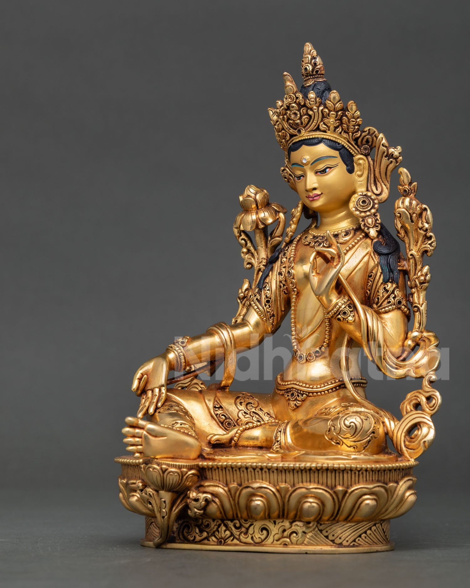 Green Tara left view, detailed robes, gold finish, Nepalese handmade sculpture