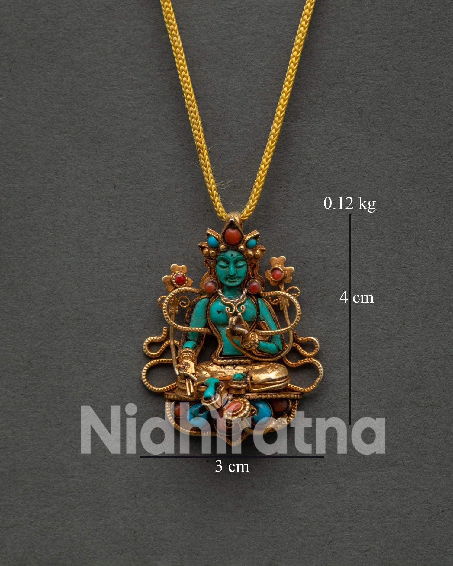 Green Tara Locket with Copper and Gold-Plated Details, Adorned with Turquoise Body and Coral Stone Inlays 