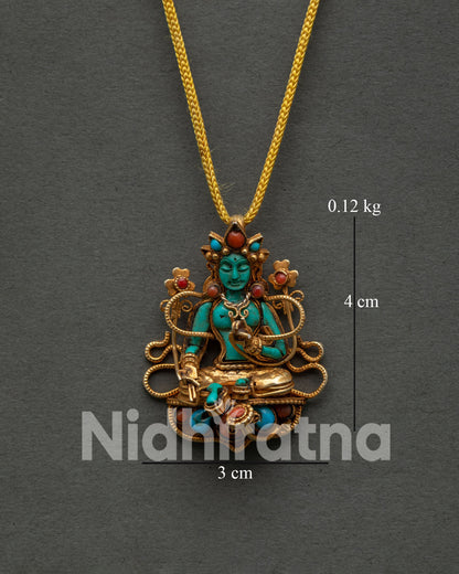 Green Tara Locket with Copper and Gold-Plated Details, Adorned with Turquoise Body and Coral Stone Inlays 