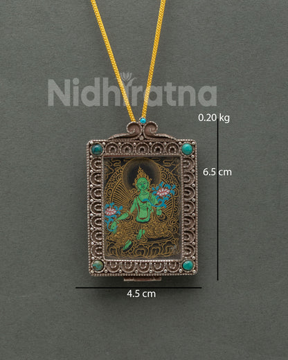 Green Tara pure silver Ghau locket with hand-painted thangka and turquoise inlay
