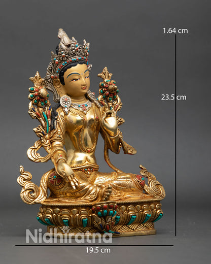 green tara right side view, nepalese statue with gold gilding and lotus seat