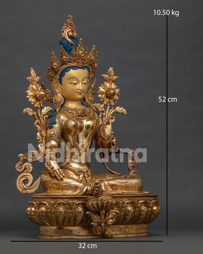 Green Tara right side view, Varada Mudra hand gesture with utpala flower and ornate detailing