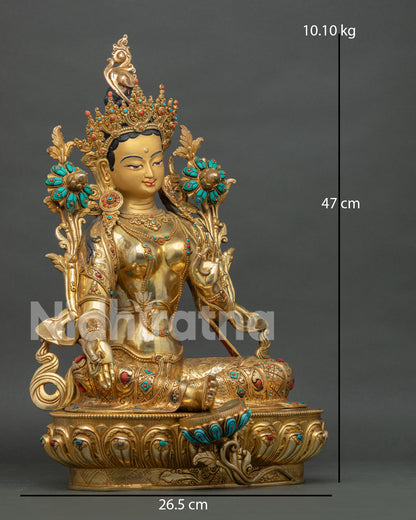 Green Tara sculpture with lotus throne and detailed Himalayan craftsmanship