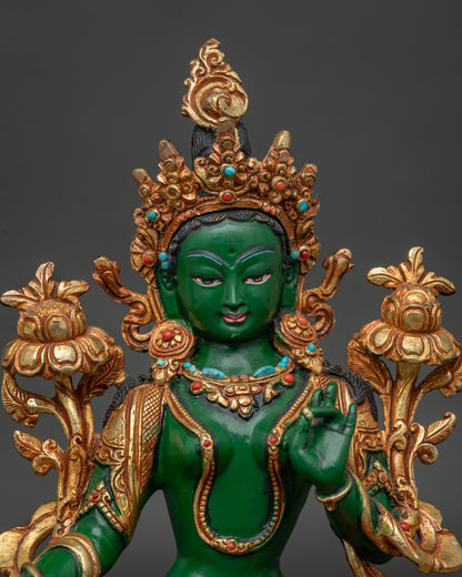 Green Tara sculpture with ornate crown semi precious stones and sacred ornaments