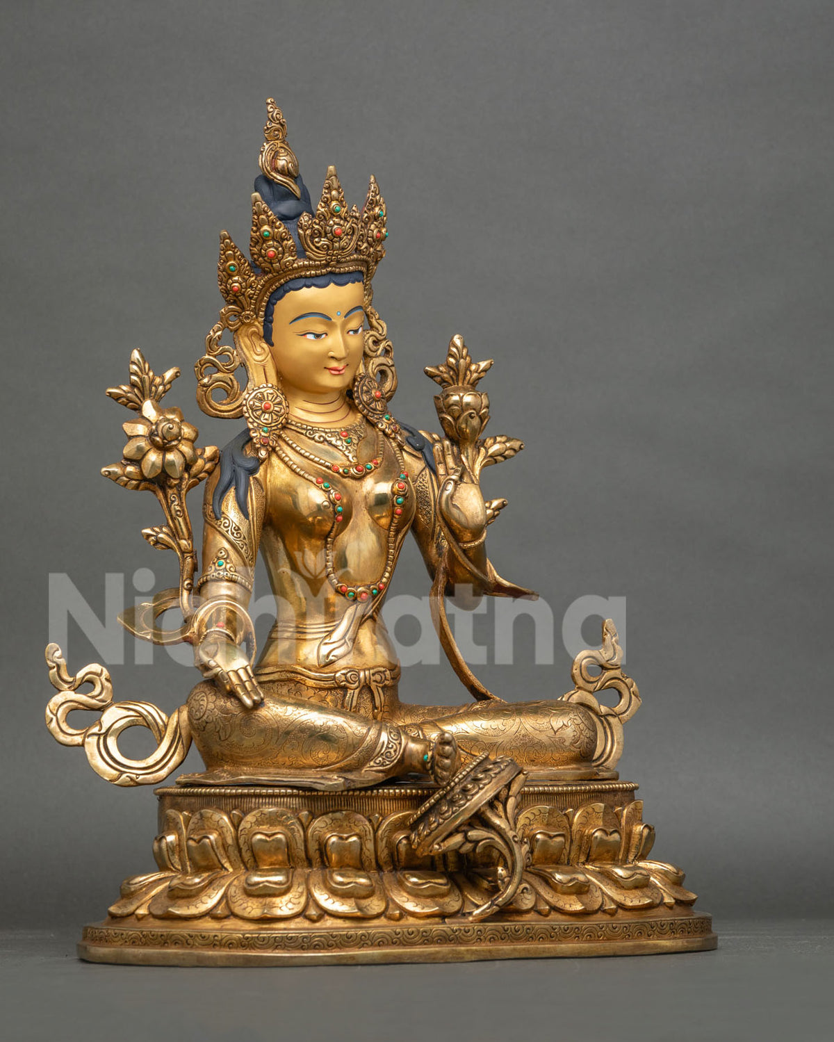Green Tara Statue 24K Fire Gilded Copper with Turquoise and Coral Stones