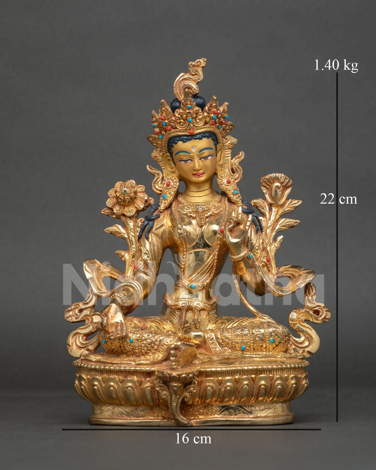Green Tara statue 24k gold fire gilded copper Newari art Nepal.