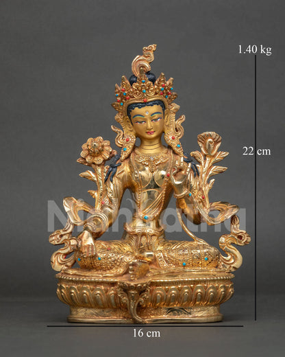 Green Tara statue 24k gold fire gilded copper Newari art Nepal.