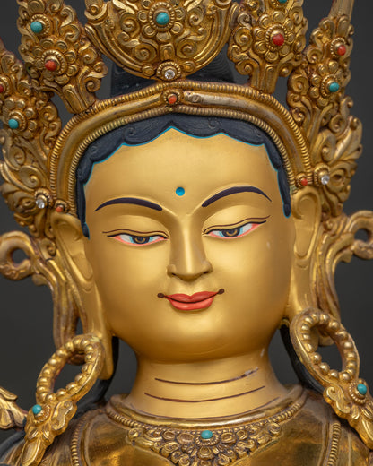 green tara statue 24k gold fire gilded serene face detailed close up