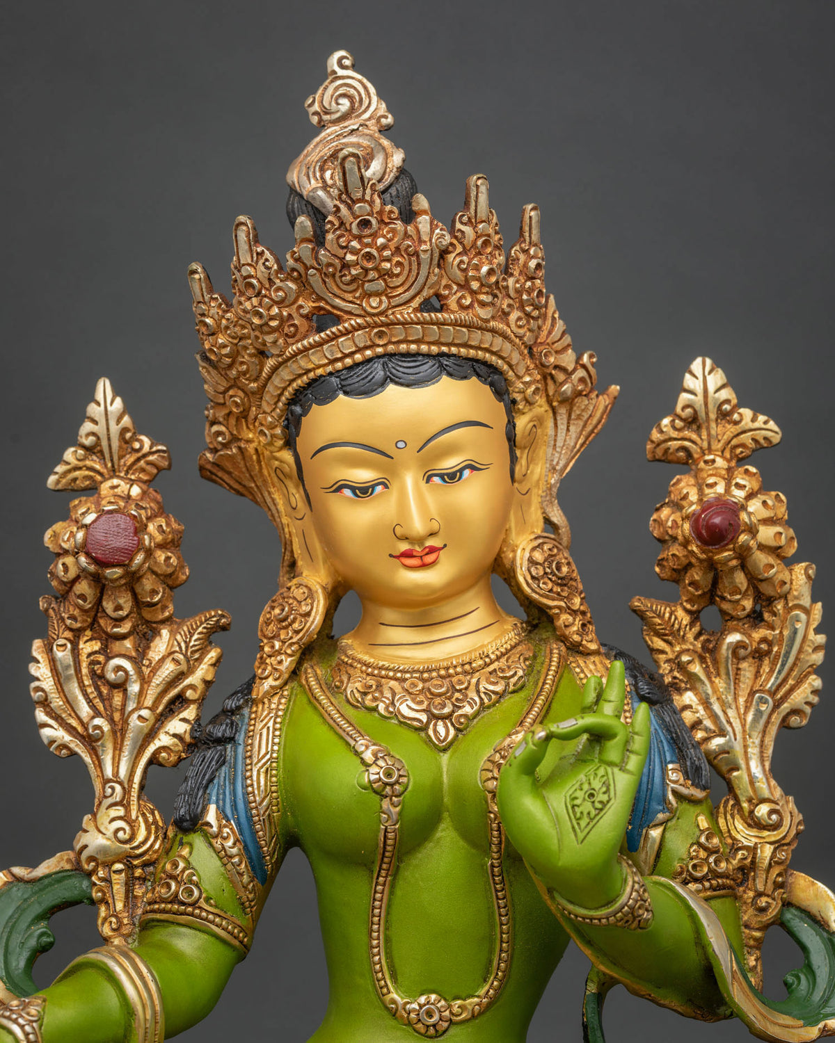 Green Tara statue with 24K gold painted face and copper Buddhist sculpture.