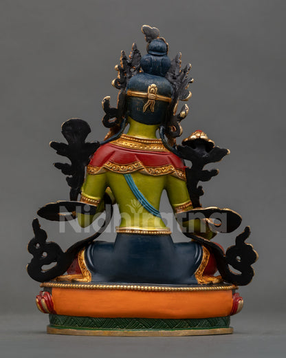 green tara statue back view detailed copper craftsmanship engraved lotus pedestal sacred buddhist art nepal