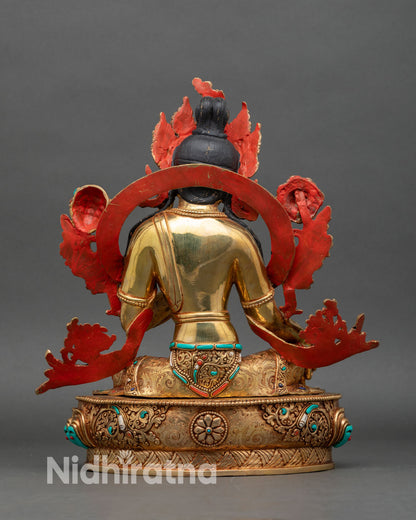 Back view of Green Tara statue with detailed hair, crown, and lotus throne