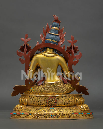 green tara statue back view detailed lotus throne floral carving nepal art