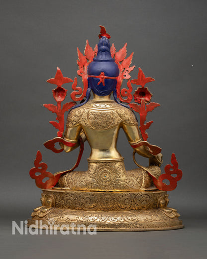 Green Tara statue back view, finely detailed carving with ornate patterns and sacred craftsmanship