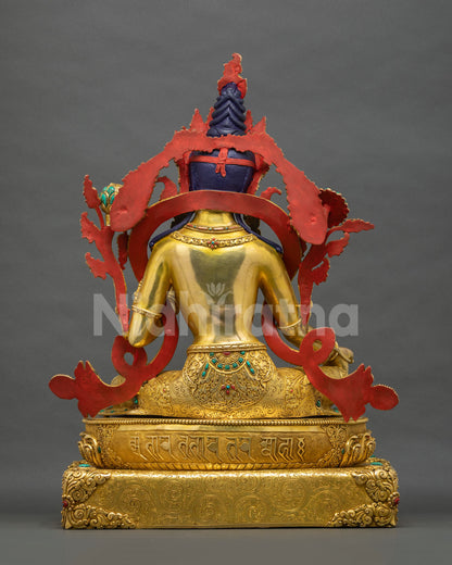Green Tara Statue back view, floral halo and lotus pedestal detail

