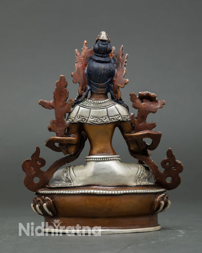 Green Tara statue back view flowing robes crown jewelry lotus pedestal copper statue Nepal artisan