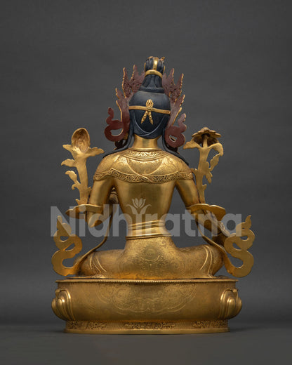 Green Tara Statue Back View, Gold Fire-Gilded Copper Buddhist Sculpture