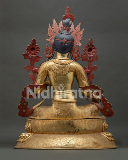 Green Tara Statue Back View Gold Fire Gilded Copper Handcrafted Nepal 26-Inch Buddhist