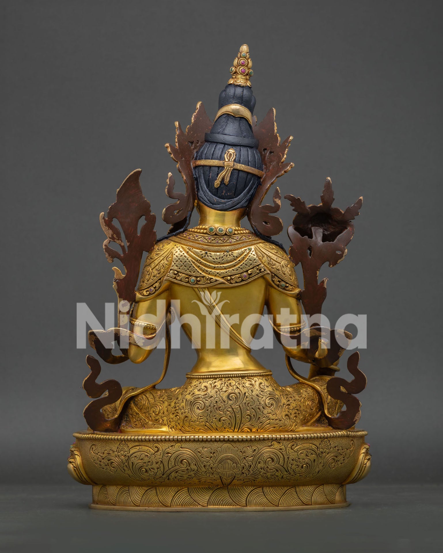Green Tara Statue back view - gold gilded crown and robe detail
