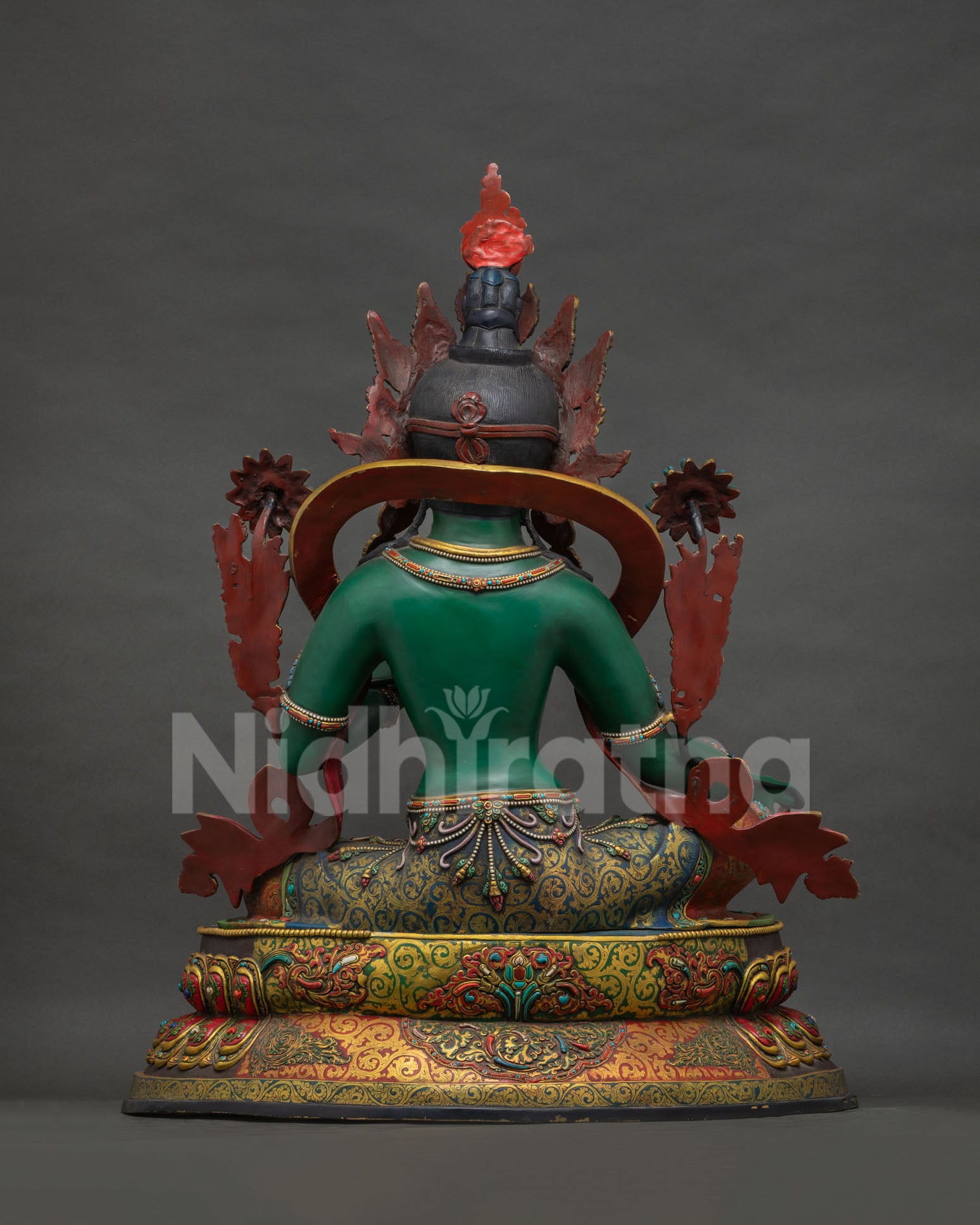 Green Tara Statue back view, gold gilded mantra inscription on pedestal