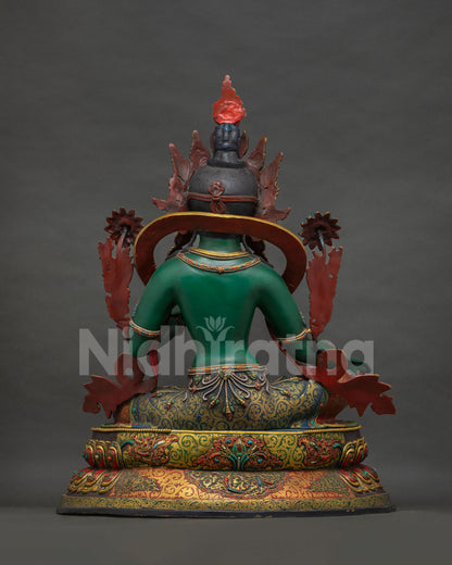 Green Tara Statue back view, gold gilded mantra inscription on pedestal