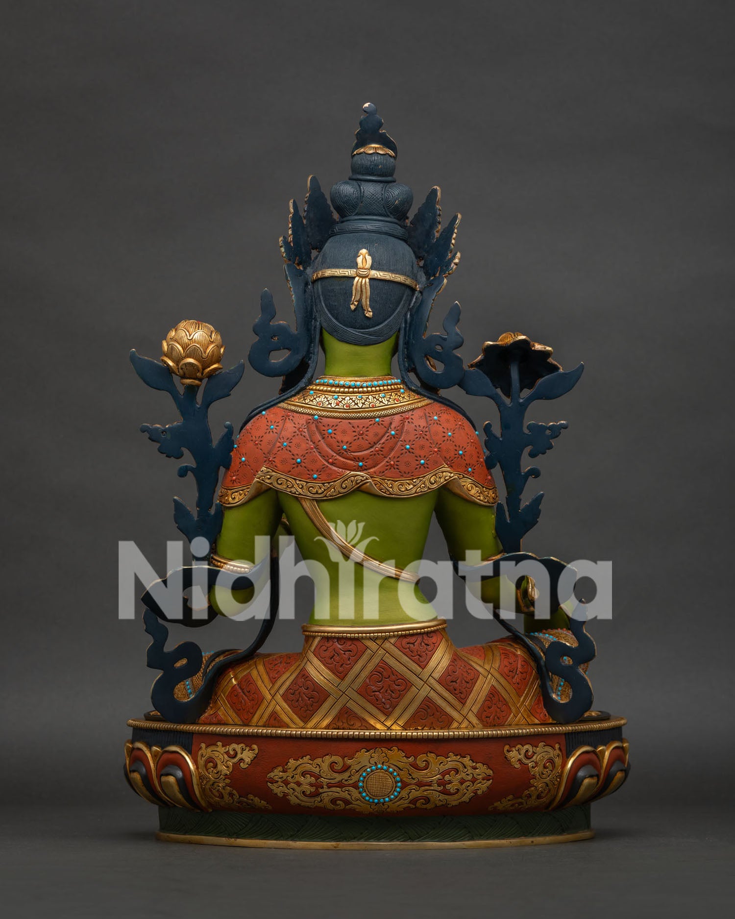 Green Tara statue back view – hand-carved gold-gilded copper Buddhist sculpture