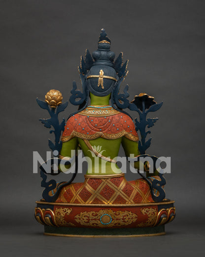 Green Tara statue back view – hand-carved gold-gilded copper Buddhist sculpture