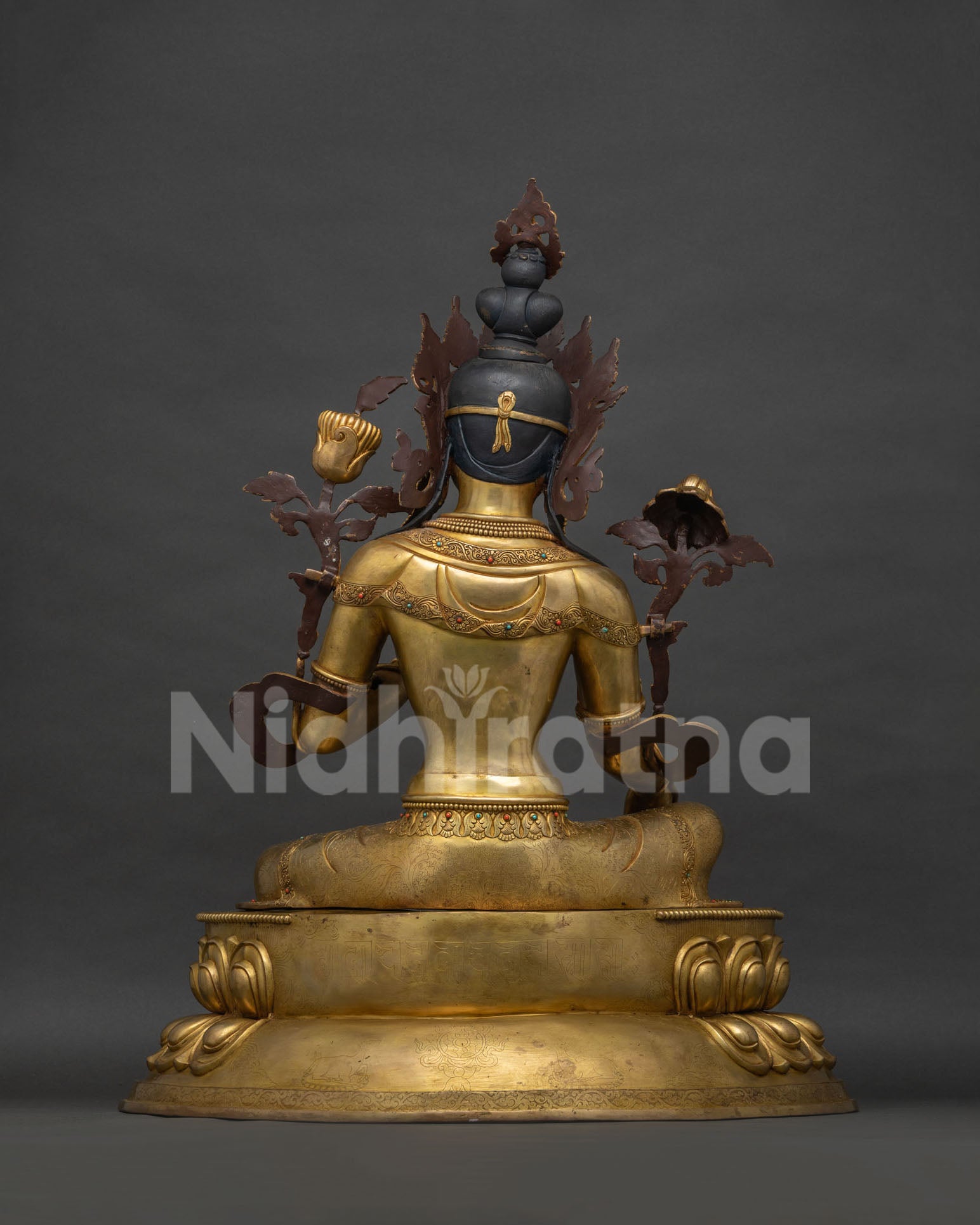 Green Tara Statue back view, hand-engraved copper, Newari craftsmanship Nepal