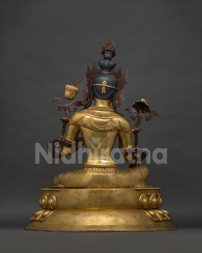 Green Tara Statue back view, hand-engraved copper, Newari craftsmanship Nepal