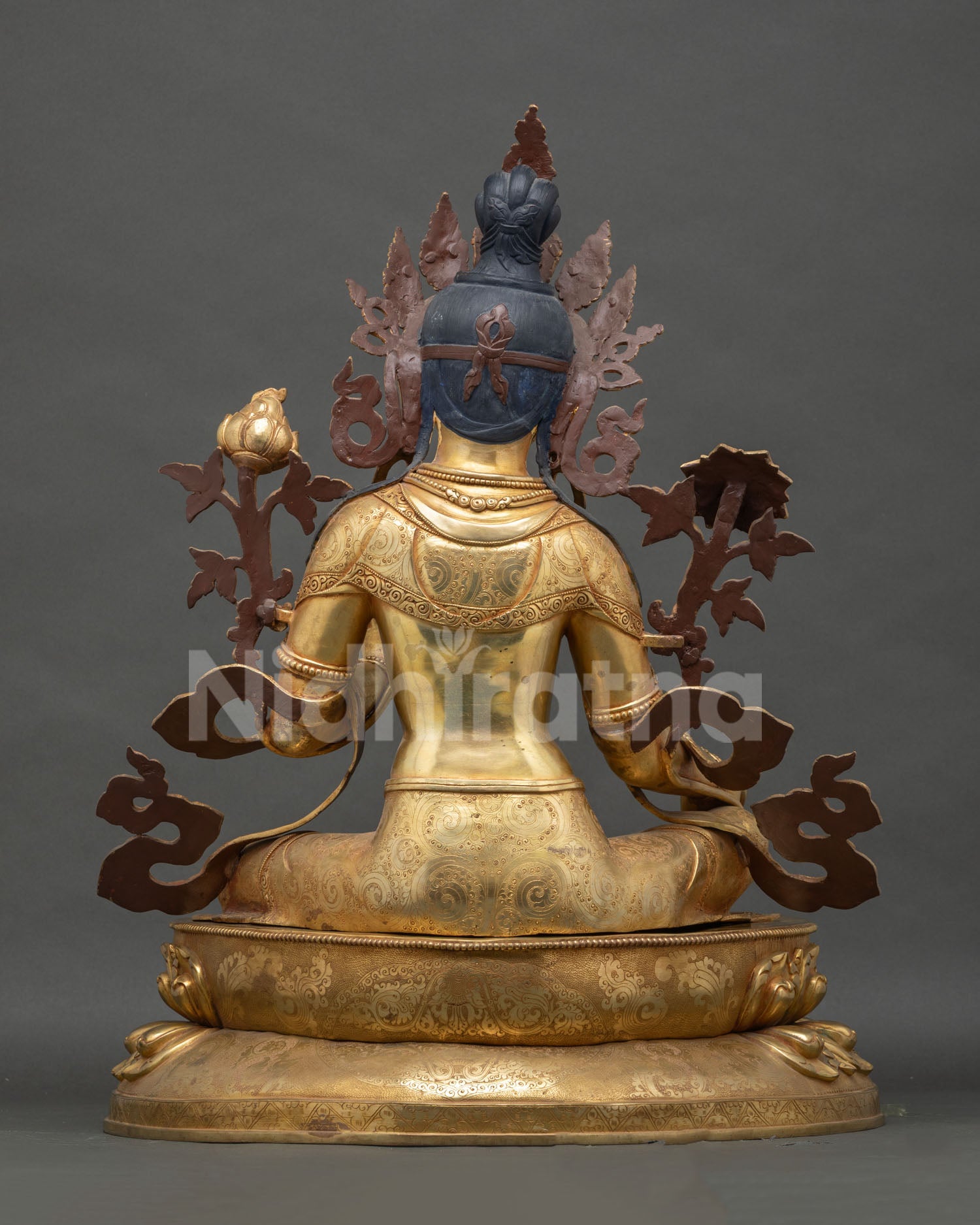 Green Tara Statue back view – handcrafted copper sculpture with fire-gilded finish