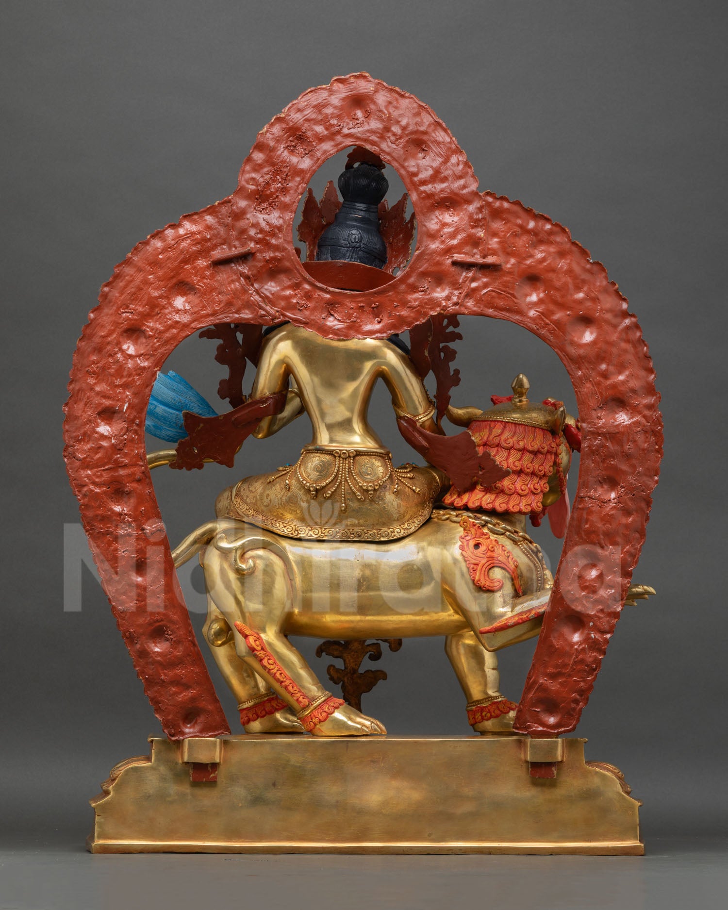 Green Tara statue back view handcrafted Nepalese Buddhist sculpture with decorative halo gold gilded copper and lotus base