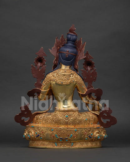 Green Tara Statue back view, handmade copper Buddhist sculpture detail