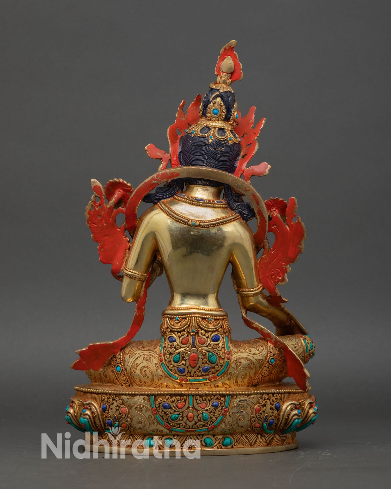 Green Tara Statue back view lotus base engraving details Nepal