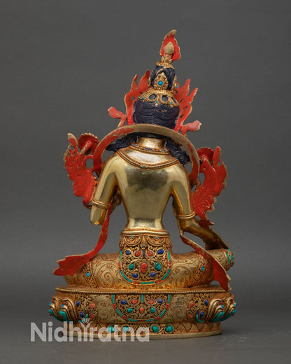 Green Tara Statue back view lotus base engraving details Nepal