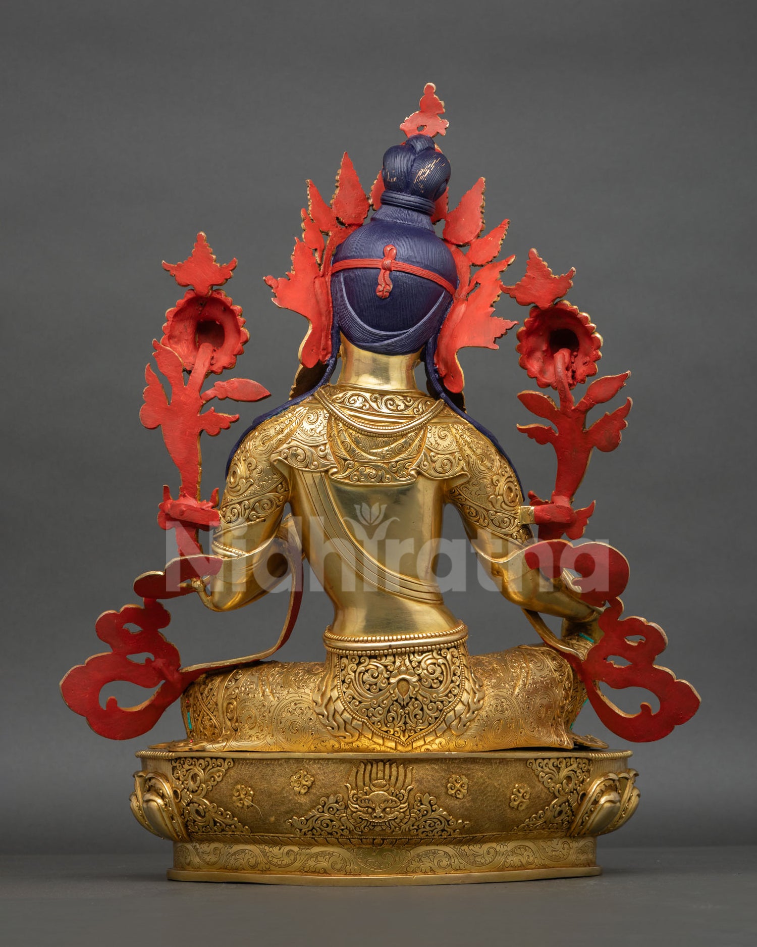 Green Tara Statue Back View Lotus Seat Engraving Sacred Symbols and Copper Craft